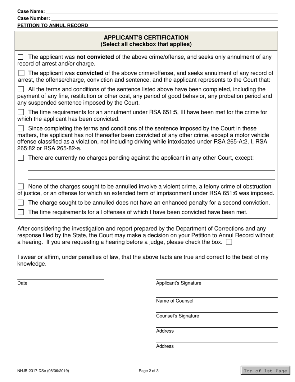 Form NHJB-2317-DSE Petition to Annul Record: Offenses Resolved Prior to 01 / 01 / 2019 - New Hampshire, Page 2