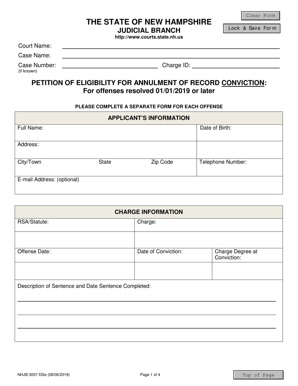 Form NHJB-3057-DSE Petition of Eligibility for Annulment of Record Conviction: for Offenses Resolved 01 / 01 / 2019 or Later - New Hampshire, Page 1