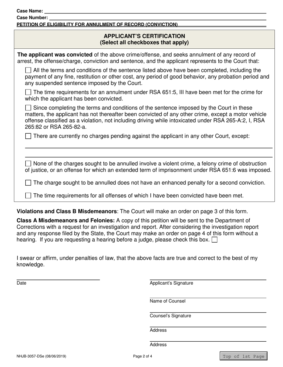 Form NHJB-3057-DSE Petition of Eligibility for Annulment of Record Conviction: for Offenses Resolved 01 / 01 / 2019 or Later - New Hampshire, Page 2