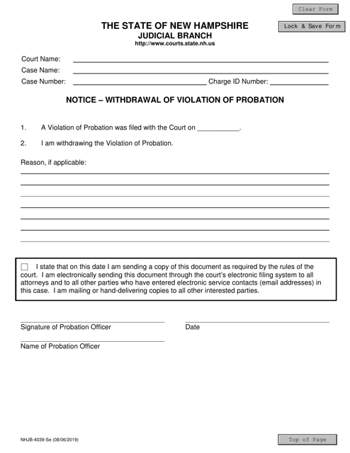 Form NHJB-4039-SE Notice - Withdrawal of Violation of Probation - New Hampshire