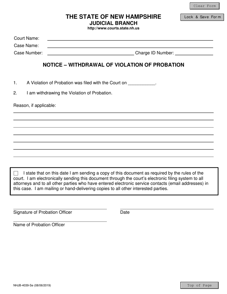 Form NHJB-4039-SE Notice - Withdrawal of Violation of Probation - New Hampshire, Page 1