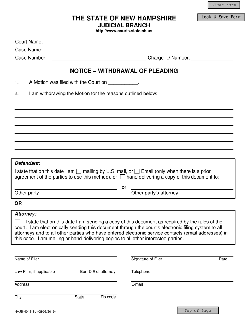 Form NHJB-4043-SE Notice - Withdrawal of Pleading - New Hampshire, Page 1