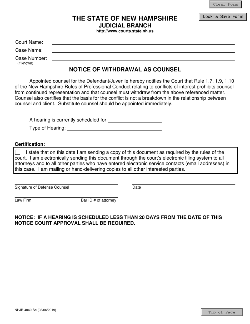 Form NHJB-4040-SE Notice of Withdrawal as Counsel - New Hampshire, Page 1