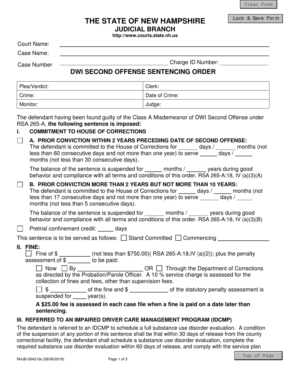 Form NHJB-2643-SE Dwi Second Offense Sentencing Order - New Hampshire, Page 1