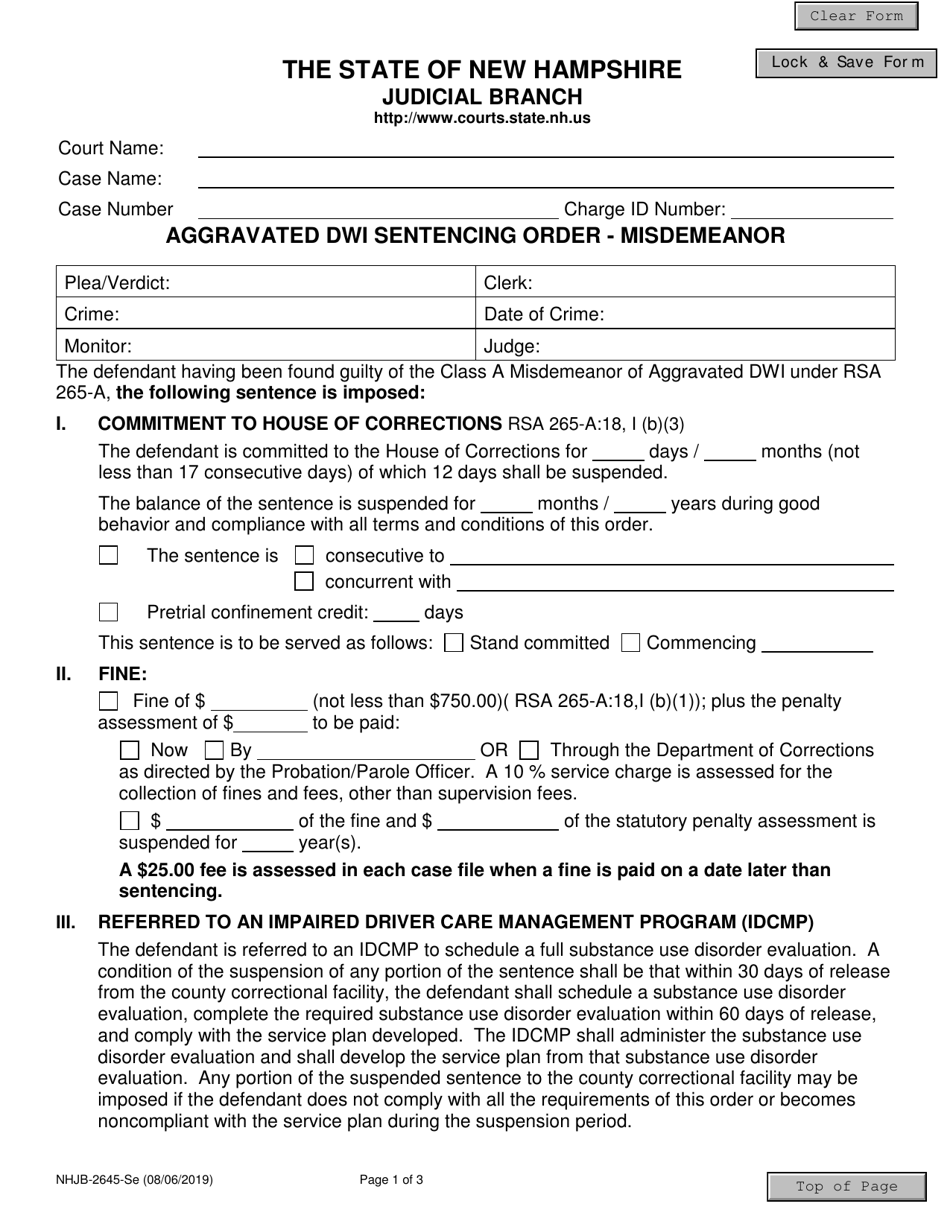 Form NHJB-2645-SE Aggravated Dwi Sentencing Order -misdemeanor - New Hampshire, Page 1