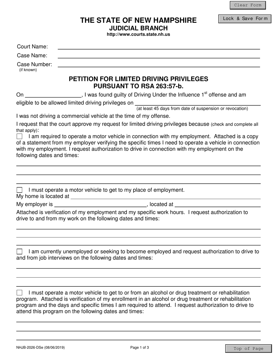 Form NHJB-2026-DSE Petition for Limited Driving Privileges - New Hampshire, Page 1