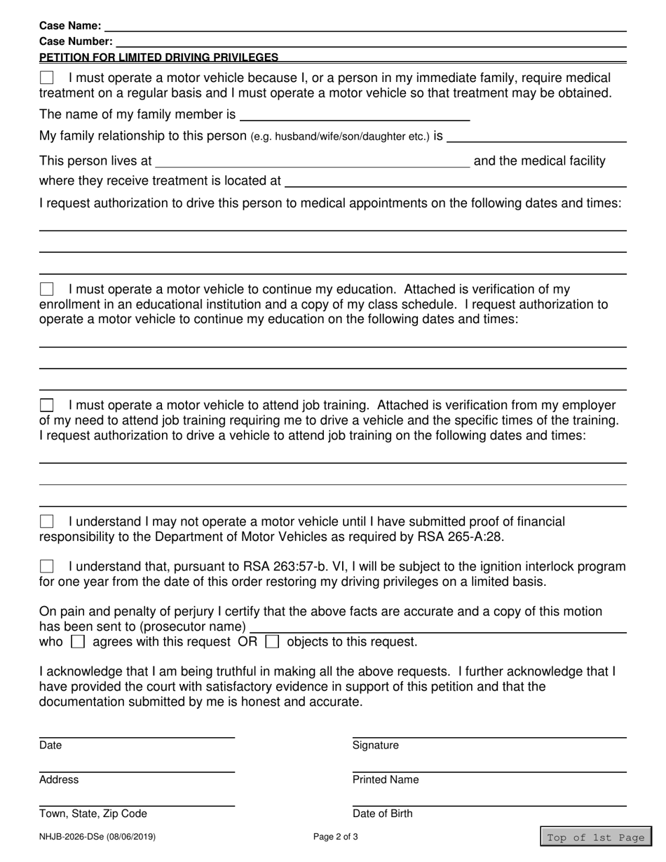 Form NHJB-2026-DSE Petition for Limited Driving Privileges - New Hampshire, Page 2
