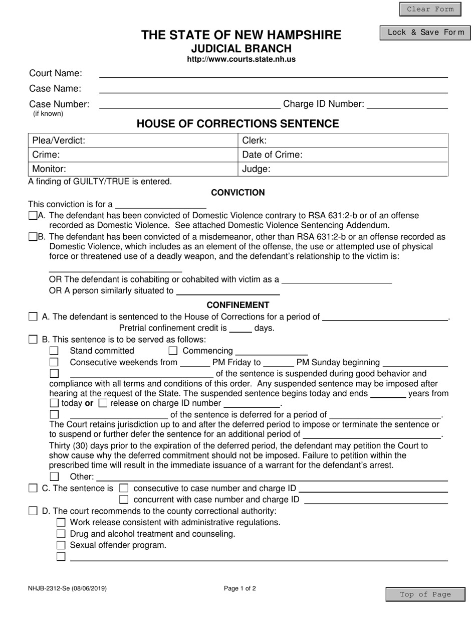 Form NHJB-2312-SE House of Corrections Sentence - New Hampshire, Page 1