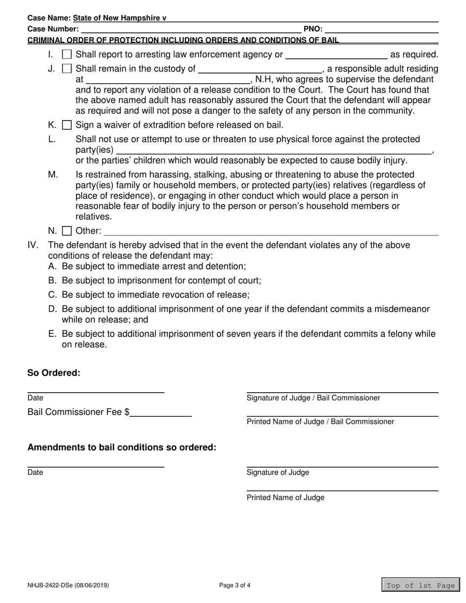 Form NHJB-2422-DSE Domestic Violence / Stalking Criminal Order of Protection Including Orders and Conditions of Bail - New Hampshire, Page 3