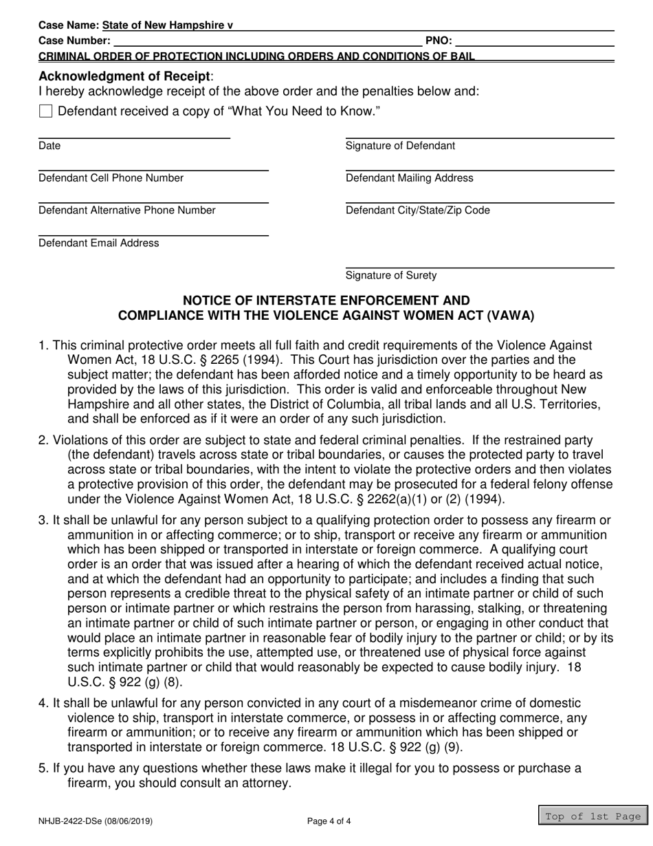 Form NHJB-2422-DSE Domestic Violence / Stalking Criminal Order of Protection Including Orders and Conditions of Bail - New Hampshire, Page 4