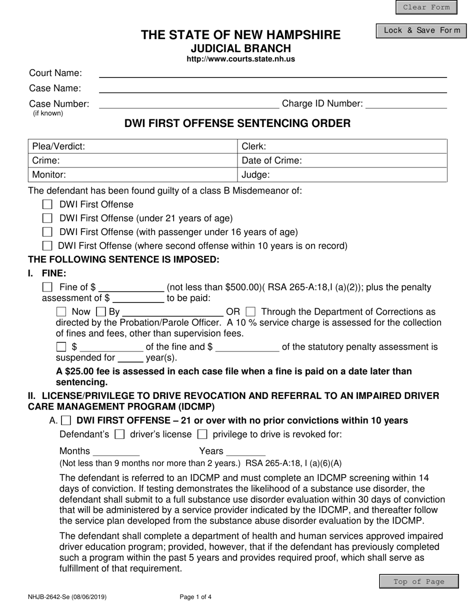 Form NHJB-2642-SE Dwi First Offense Sentencing Order - New Hampshire, Page 1