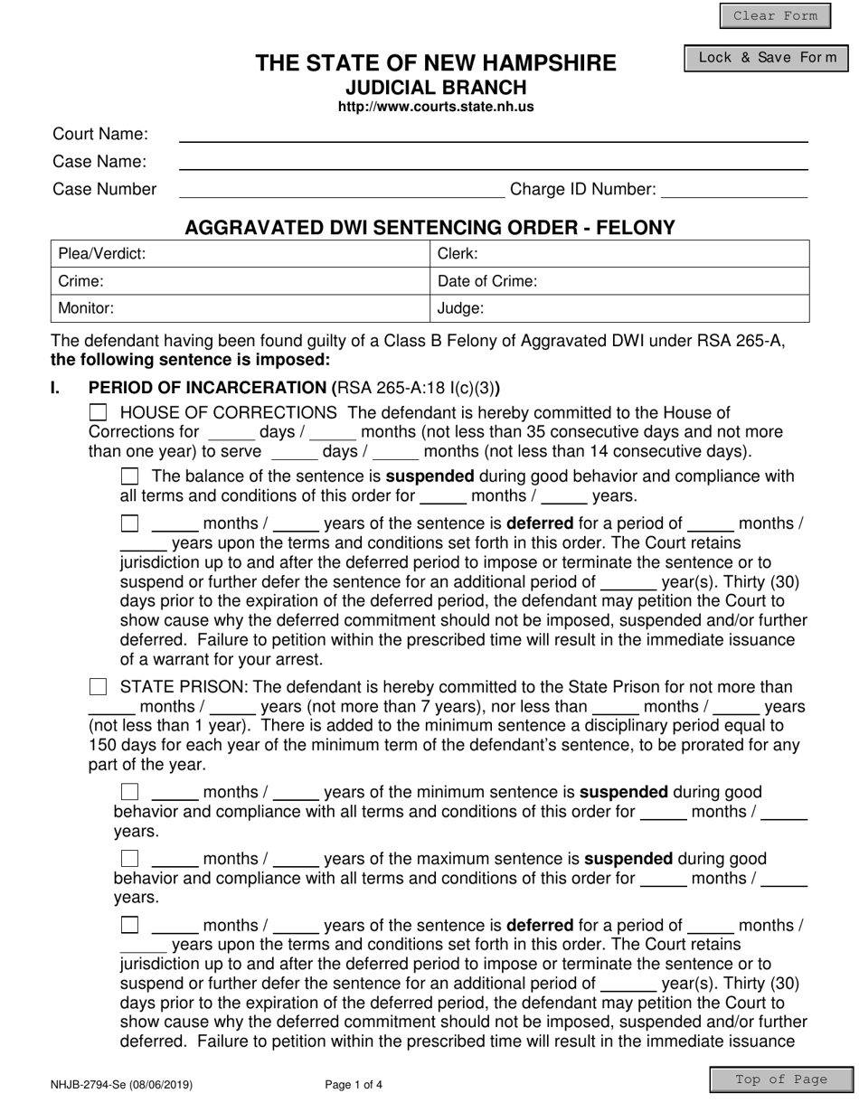 Form NHJB-2794-SE Aggravated Dwi Sentencing Order -felony - New Hampshire, Page 1