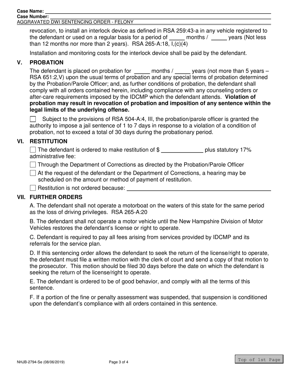 Form NHJB-2794-SE Aggravated Dwi Sentencing Order -felony - New Hampshire, Page 3
