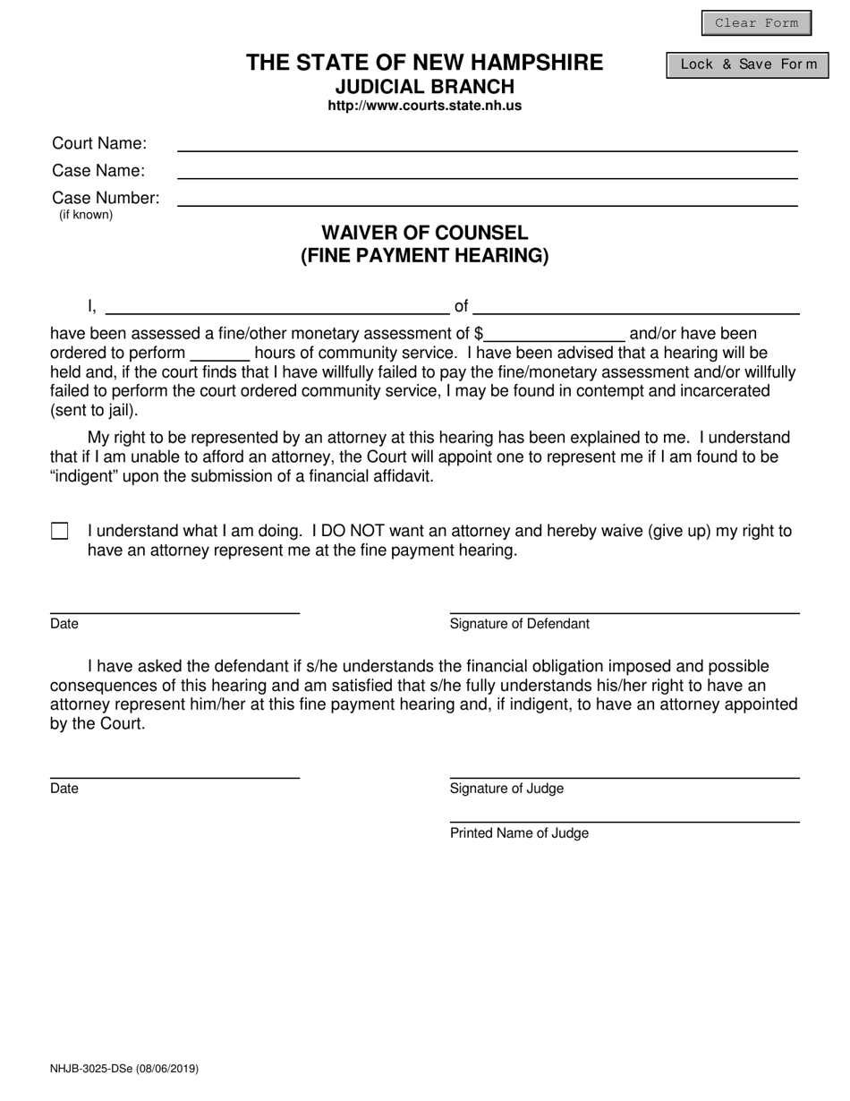 Form NHJB-3025-DSE Waiver of Counsel (Fine Payment Hearing) - New Hampshire, Page 1