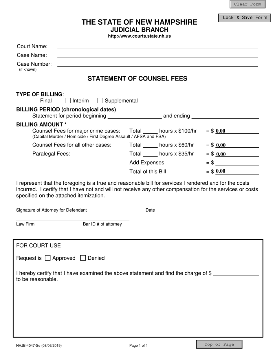 Form NHJB-4047-SE Statement of Counsel Fees - New Hampshire, Page 1