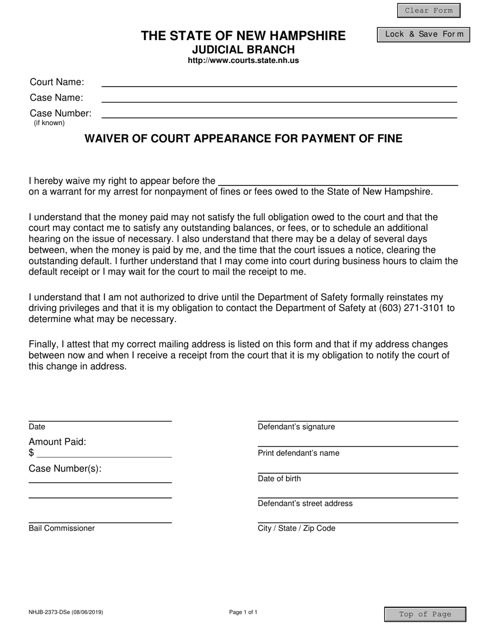 Form NHJB-2373-DSE Waiver of Court Appearance for Payment of Fine - New Hampshire, Page 1