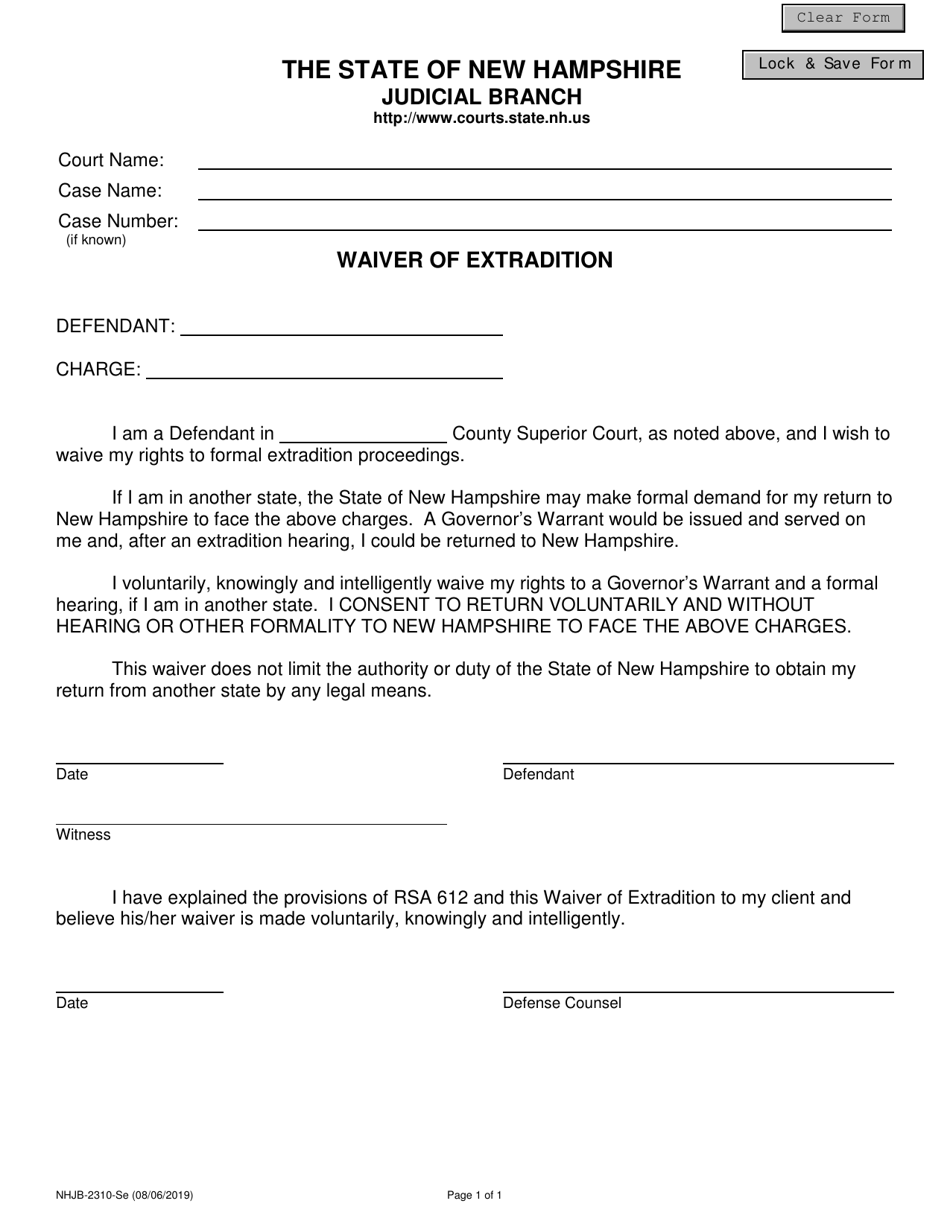 Form NHJB-2310-SE Waiver of Extradition - New Hampshire, Page 1