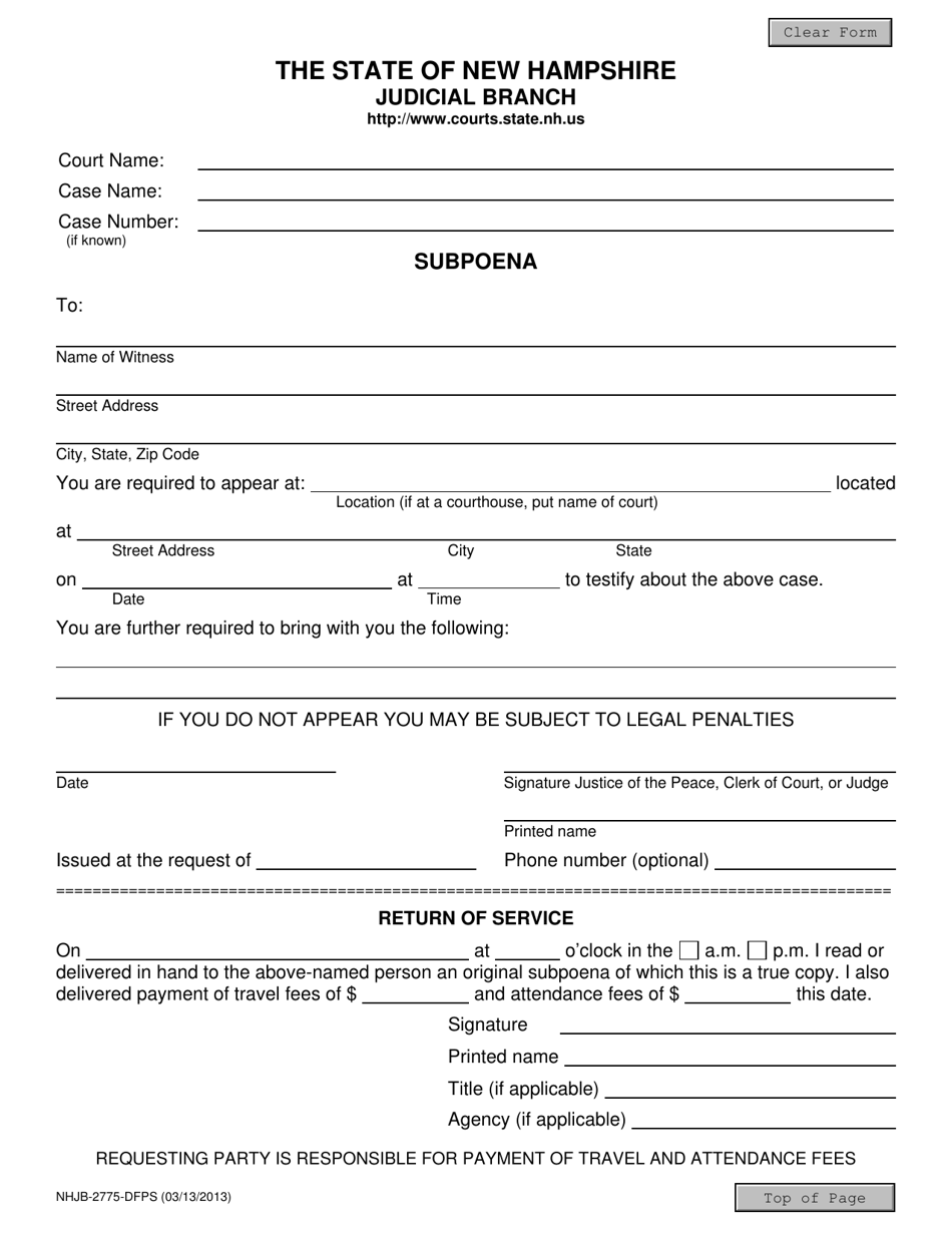 Form NHJB-2775-DFPS Subpoena - New Hampshire, Page 1
