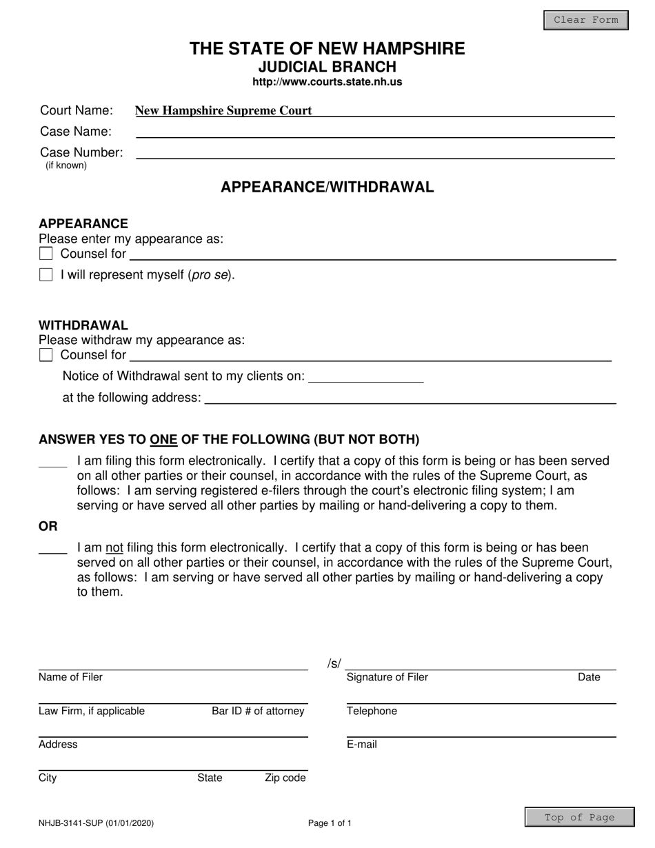 Form NHJB-3141-SUP Appearance / Withdrawal - New Hampshire, Page 1