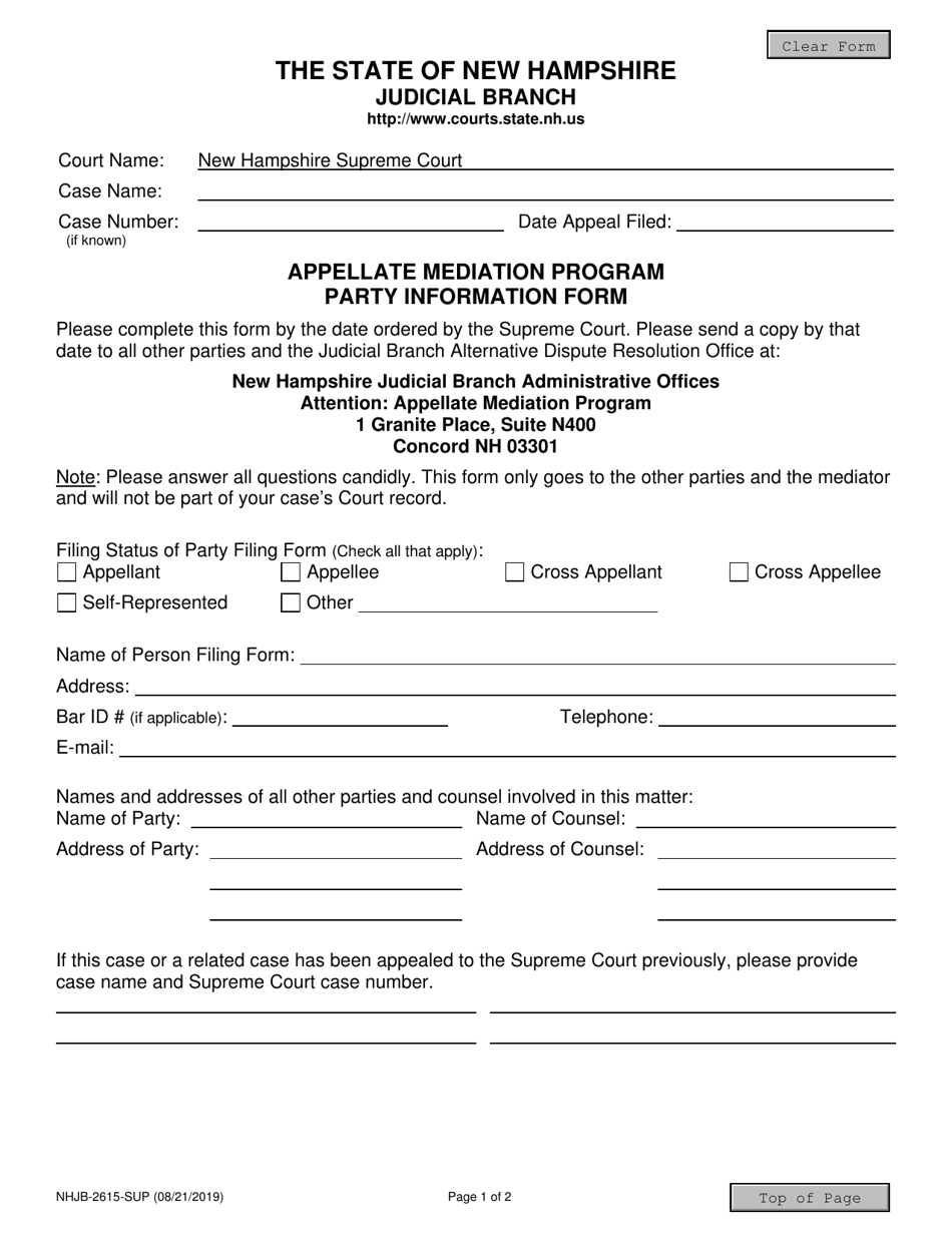 Form NHJB-2615-SUP Appellate Mediation Program Party Information Form - New Hampshire, Page 1
