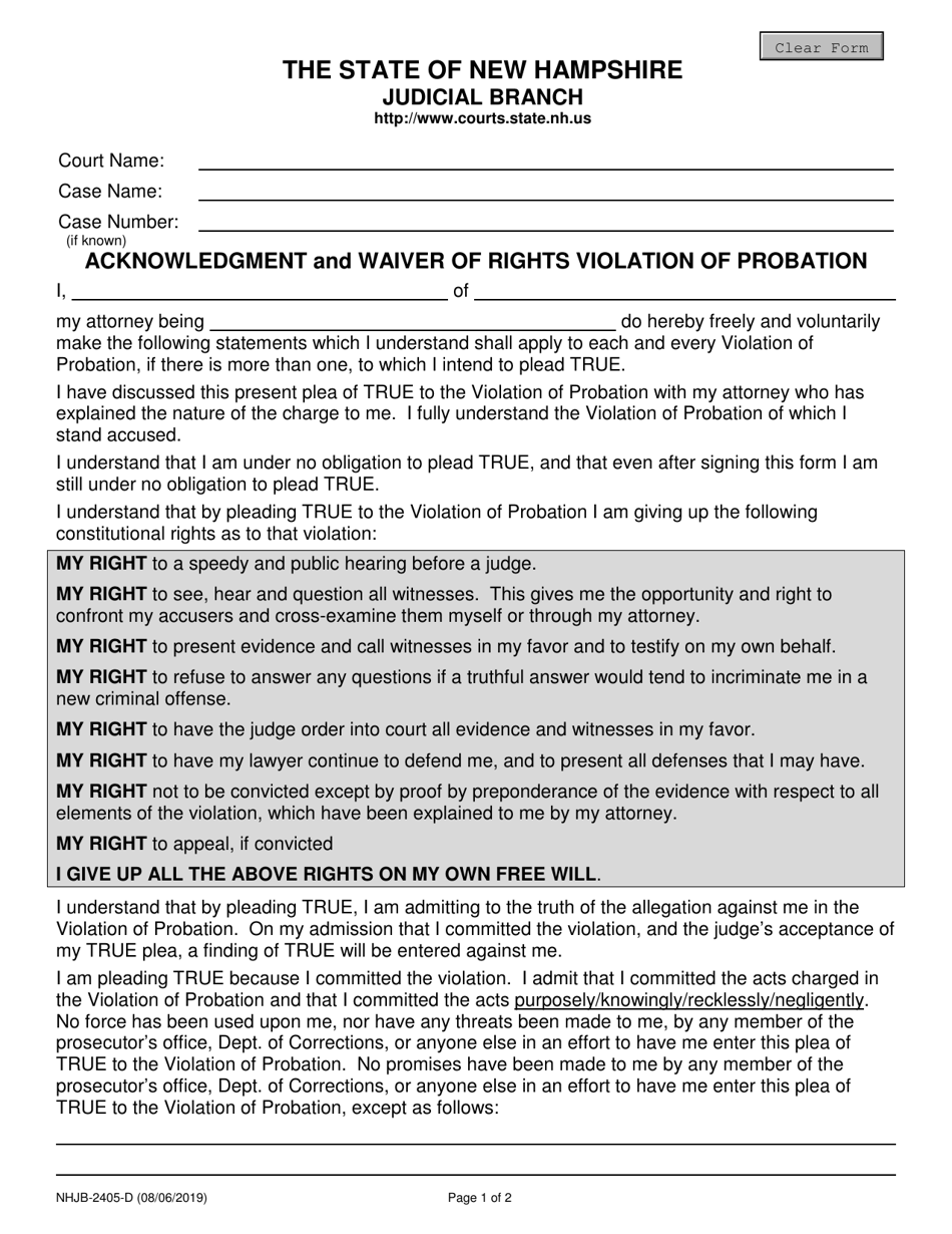 Form NHJB-2405-D Acknowledgment and Waiver of Rights Violation of Probation - New Hampshire, Page 1