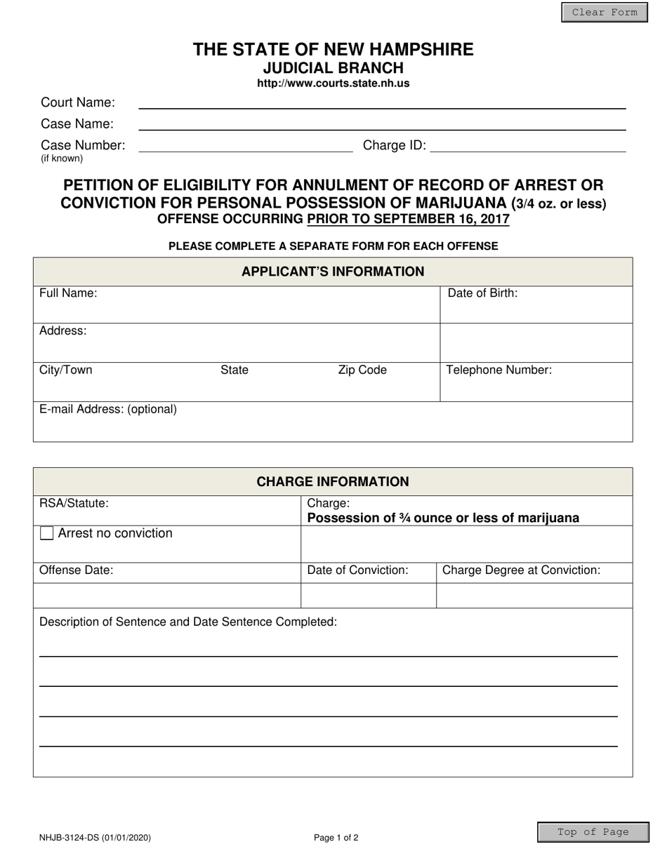 Form NHJB-3124-DS Petition of Eligibility for Annulment of Record of Arrest or Conviction for Personal Possession of Marijuana (3 / 4 Oz. or Less) - New Hampshire, Page 1