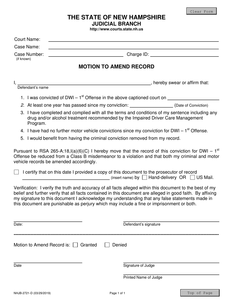 Form NHJB-2721-D Motion to Amend Record - New Hampshire, Page 1