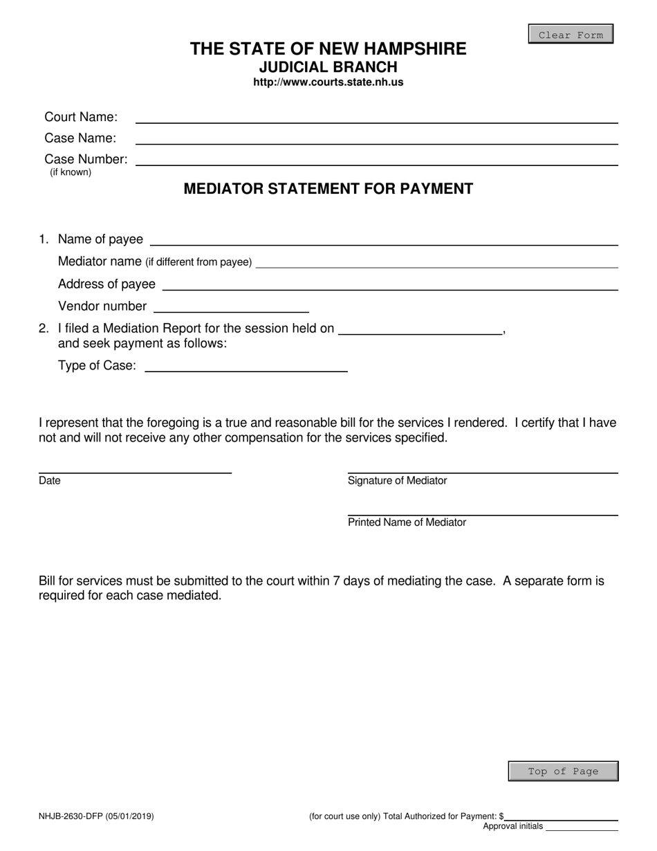 Form NHJB-2630-DFP Mediator Statement for Payment - New Hampshire, Page 1