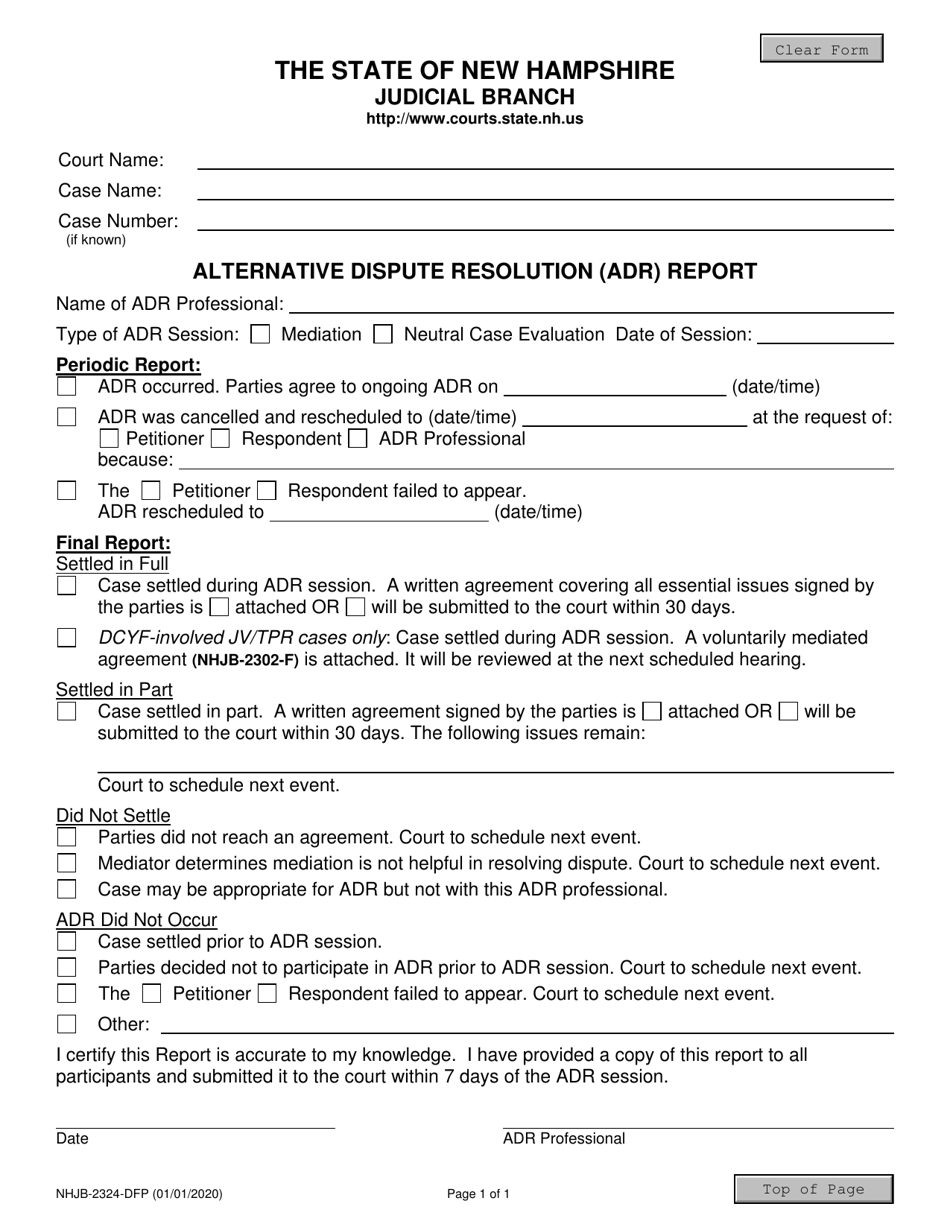 Form NHJB-2324-DFP Alternative Dispute Resolution (Adr) Report - New Hampshire, Page 1