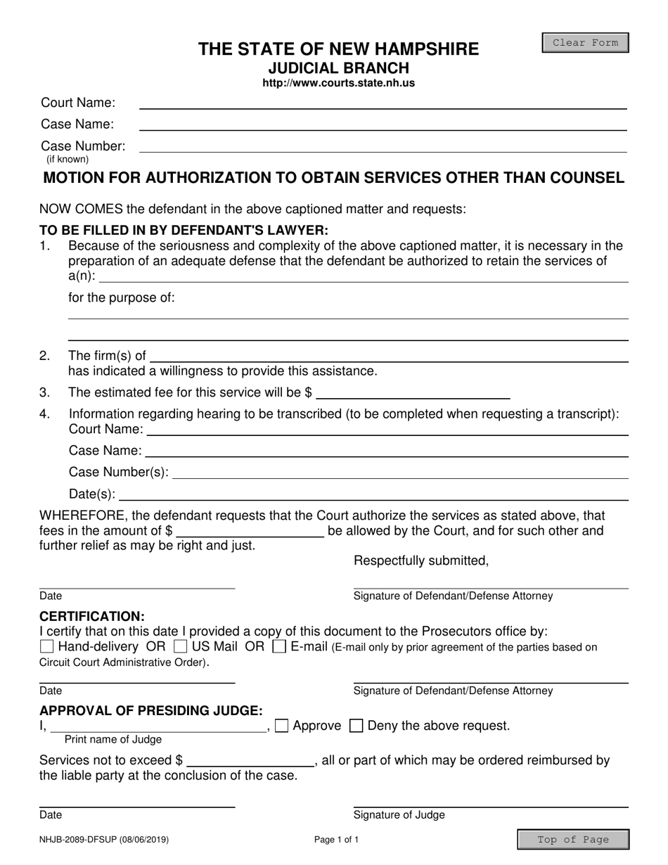 Form NHJB-2089-DFSUP Motion for Authorization to Obtain Services Other Than Counsel - New Hampshire, Page 1