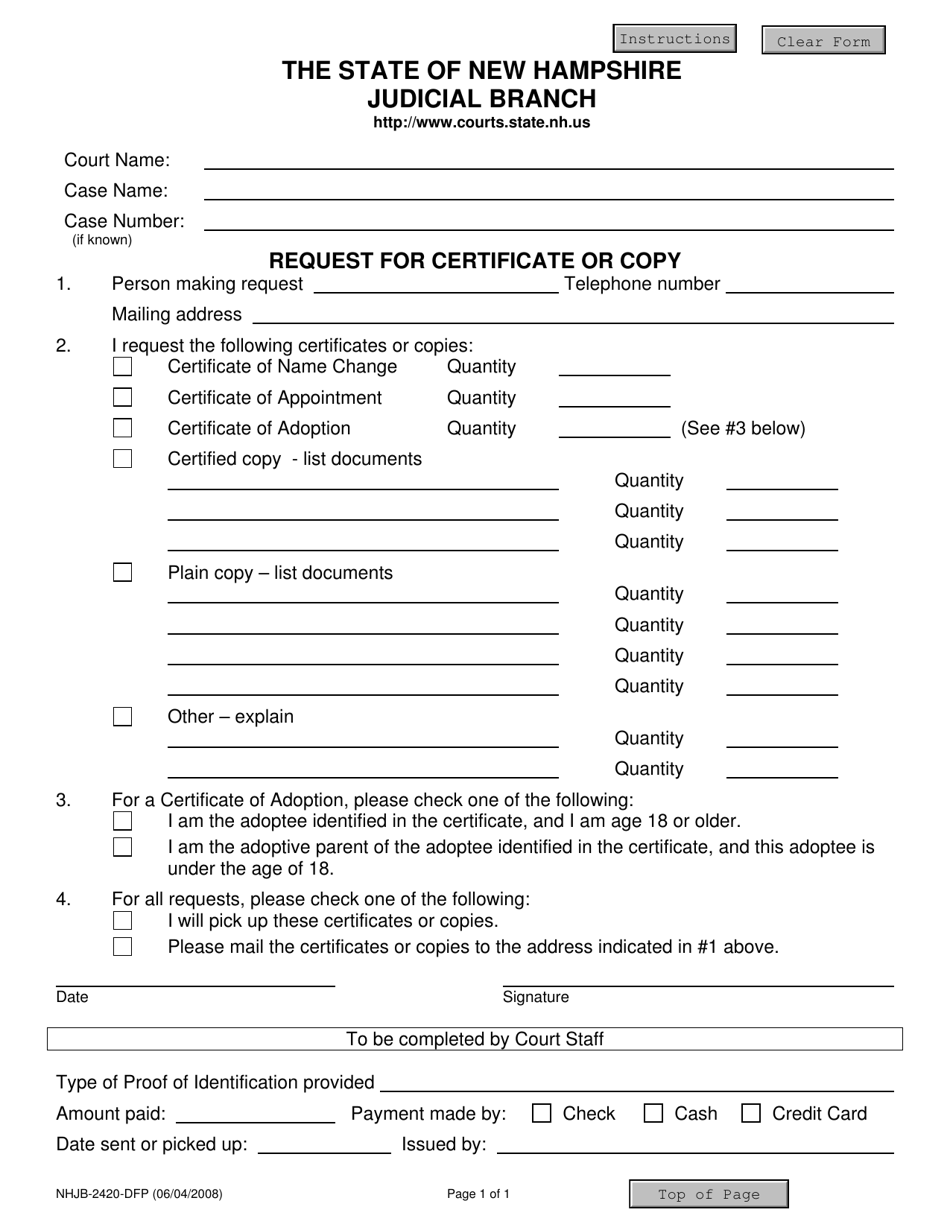 Form NHJB-2420-DFP Request for Certificate or Copy - New Hampshire, Page 1