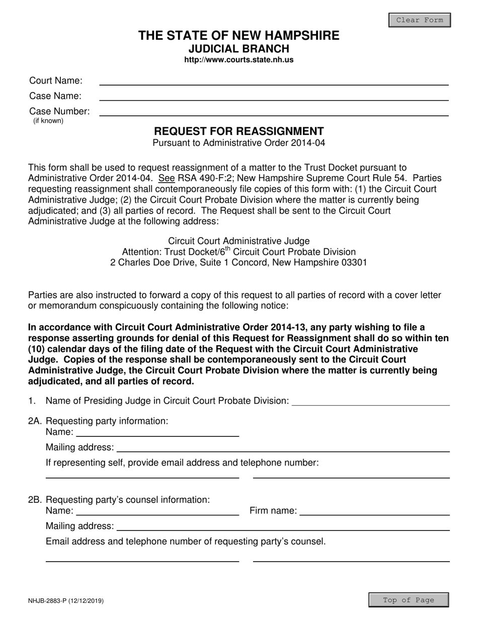Form NHJB-2883-P Request for Reassignment - New Hampshire, Page 1