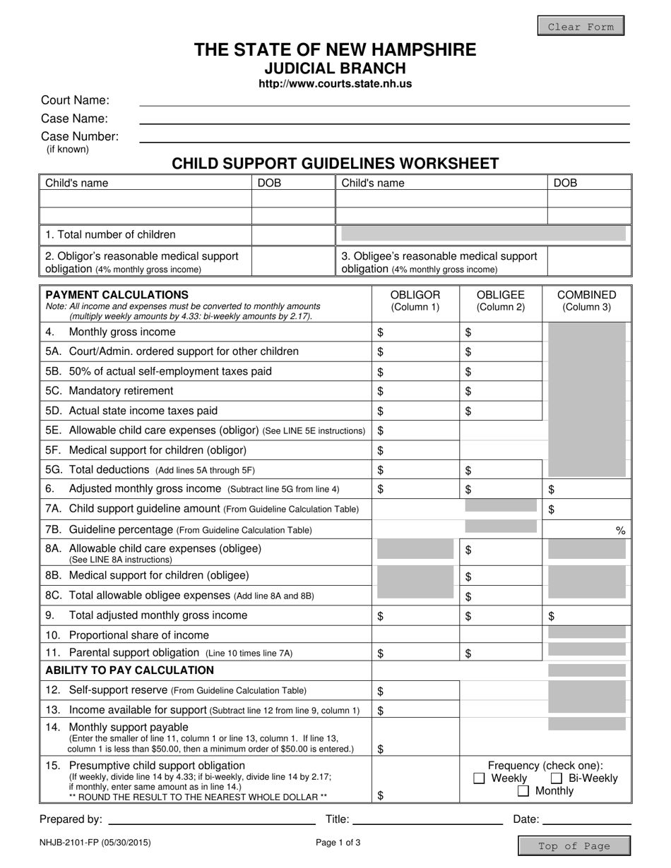 Form NHJB-2101-FP Child Support Guidelines Worksheet - New Hampshire, Page 1