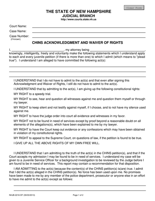 Form NHJB-2218-DF Chins Acknowledgment and Waiver of Rights - New Jersey