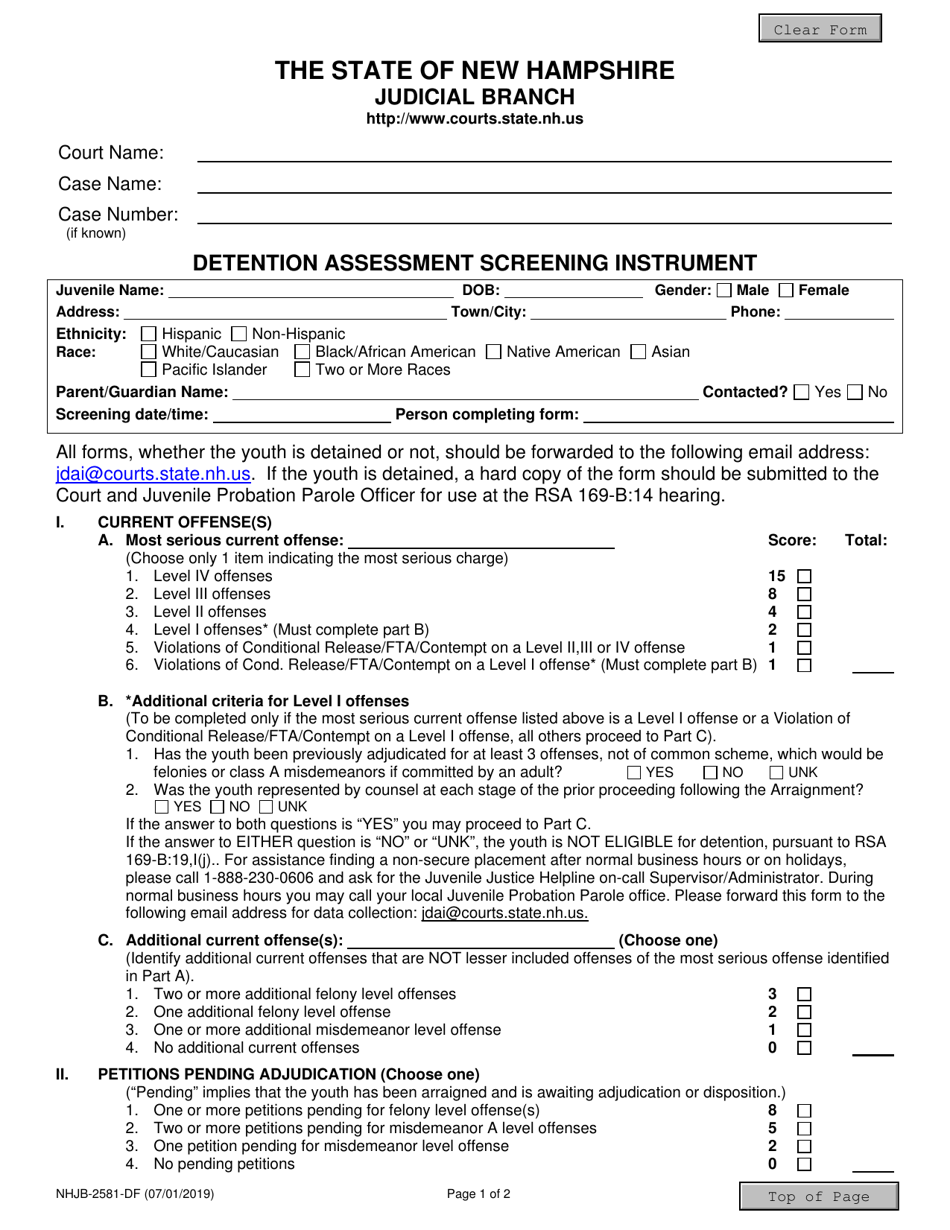 Form NHJB-2581-DF Detention Assessment Screening Instrument - New Hampshire, Page 1