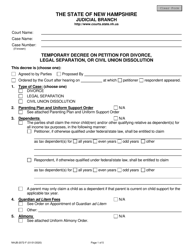 Form NHJB-2072-F Temporary Decree on Petition for Divorce, Legal Separation, or Civil Union Dissolution - New Hampshire