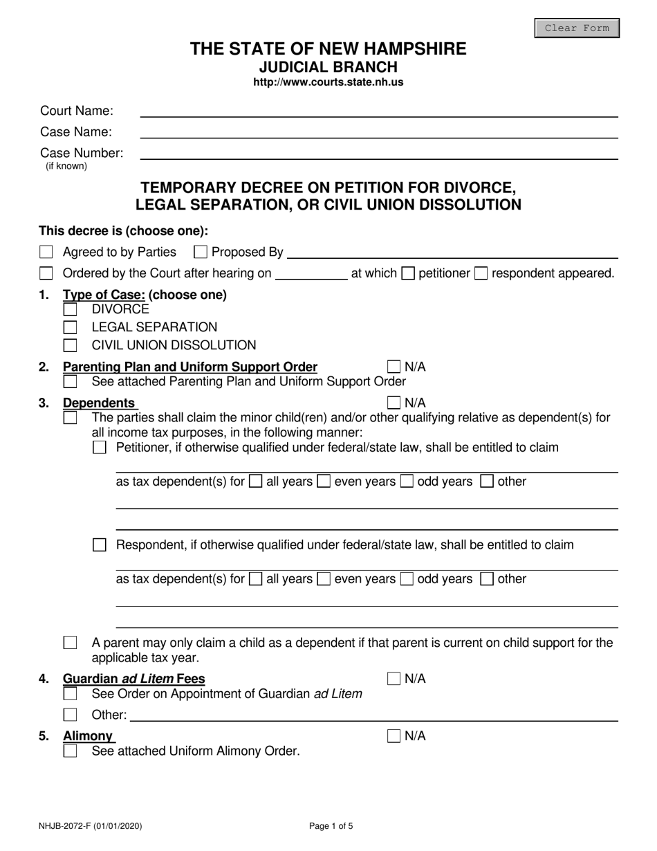 Form NHJB-2072-F Temporary Decree on Petition for Divorce, Legal Separation, or Civil Union Dissolution - New Hampshire, Page 1