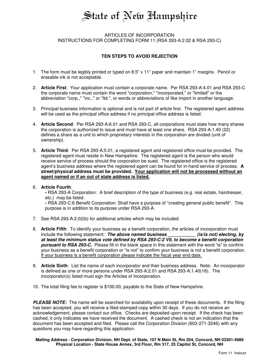 Form 11 Download Fillable PDF or Fill Online Articles of Incorporation