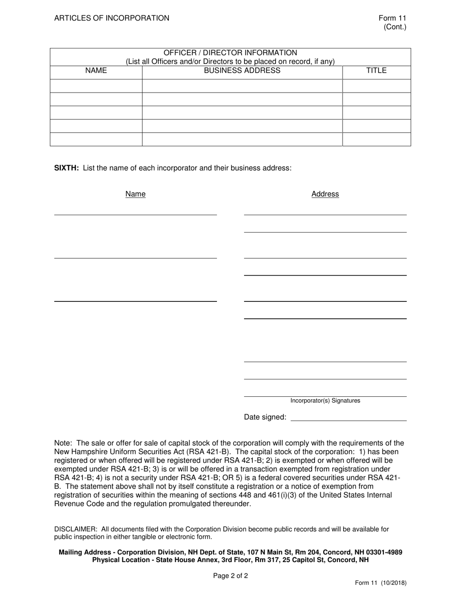 Form 11 Articles of Incorporation - New Hampshire, Page 3