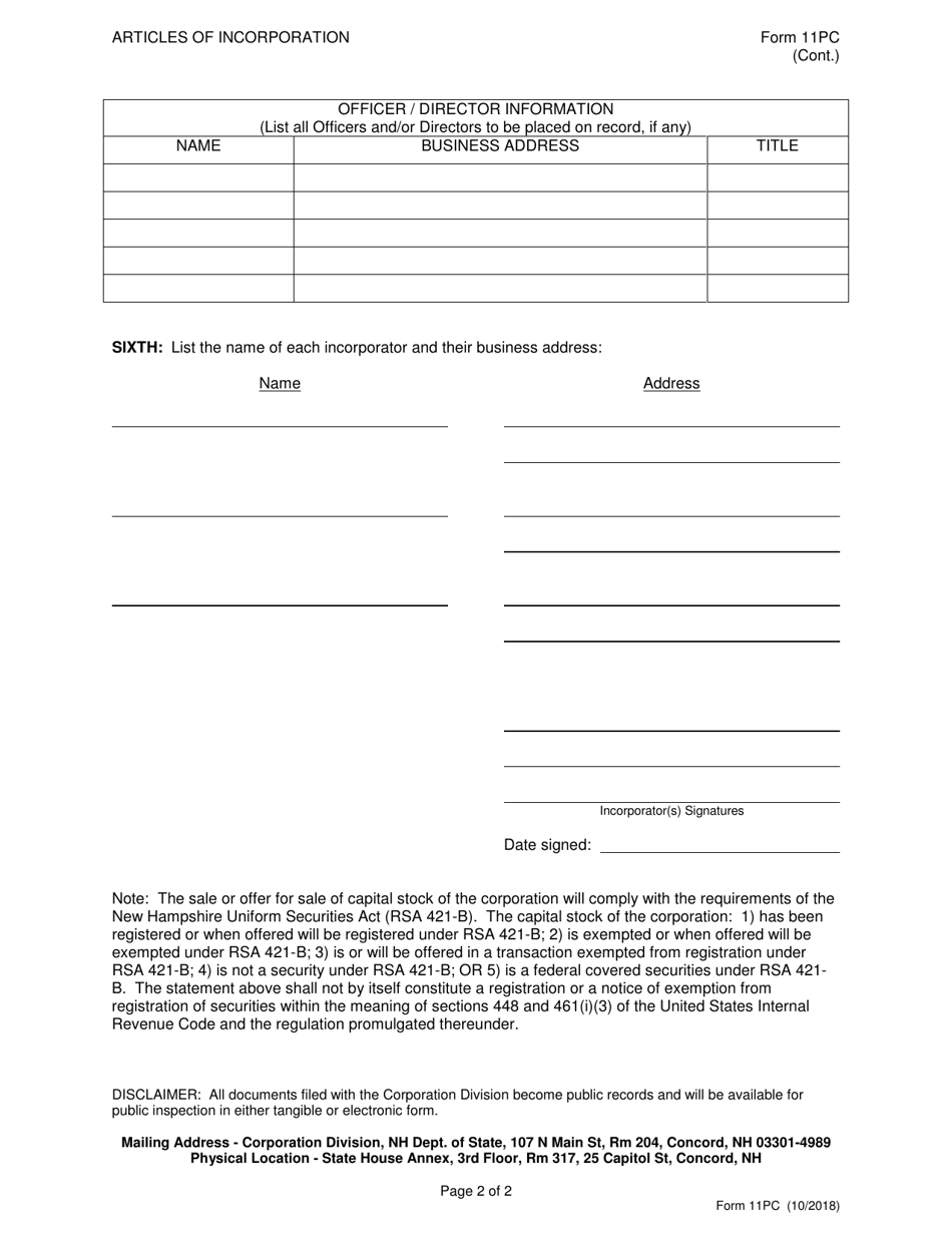 Form 11PC Articles of Incorporation for a Professional Corporation - New Hampshire, Page 3