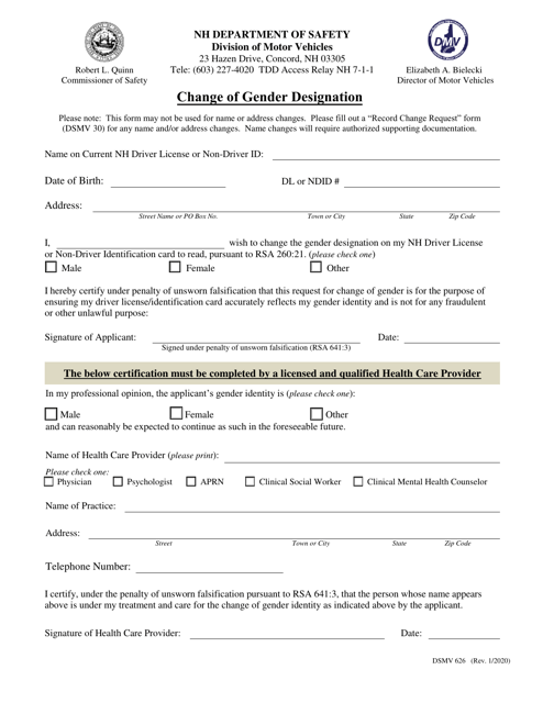 Form DSMV626 Change of Gender Designation - New Hampshire