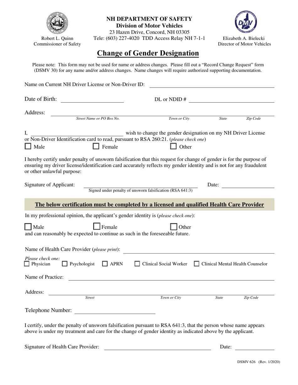Form DSMV626 Change of Gender Designation - New Hampshire, Page 1