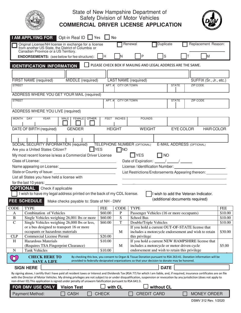 Form DSMV312 Commercial Driver License Application - New Hampshire, Page 1
