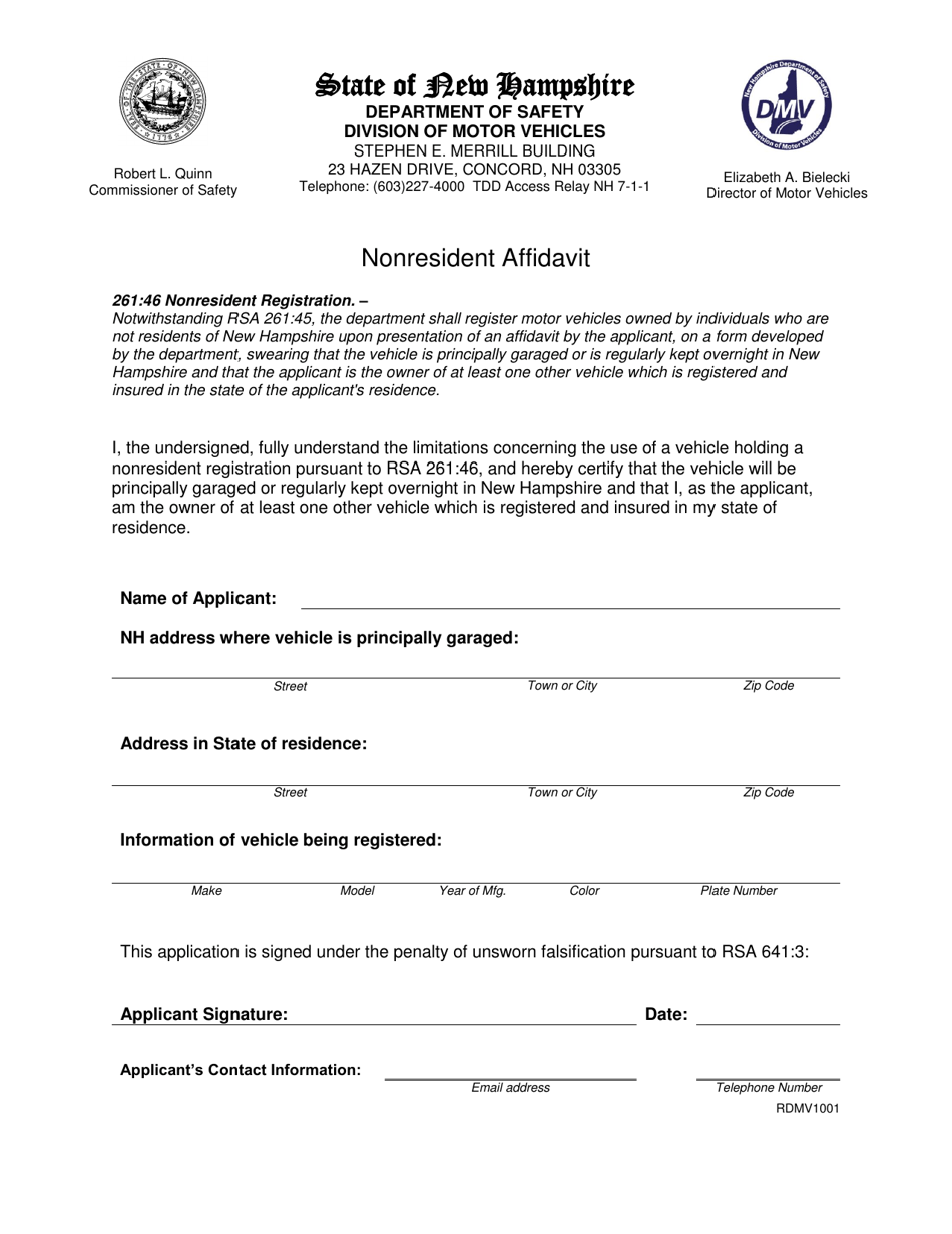 Form RDMV1001 Nonresident Affidavit - New Hampshire, Page 1