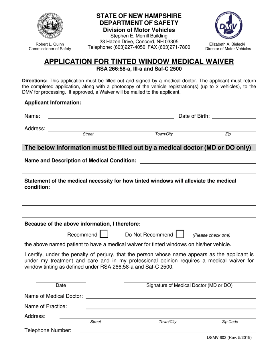 Form DSMV603 Application for Tinted Window Medical Waiver - New Hampshire, Page 1