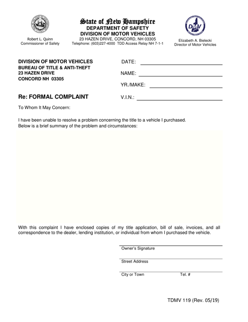 Form TDMV119 Formal Complaint - New Hampshire