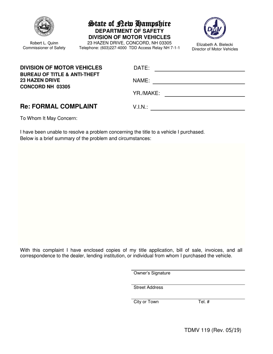 Form TDMV119 Formal Complaint - New Hampshire, Page 1