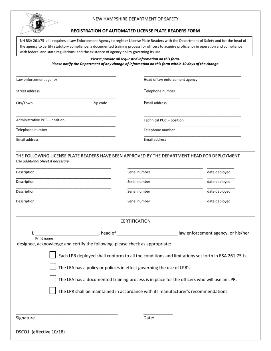 Form DSCO1 Registration of Automated License Plate Readers Form - New Hampshire, Page 1