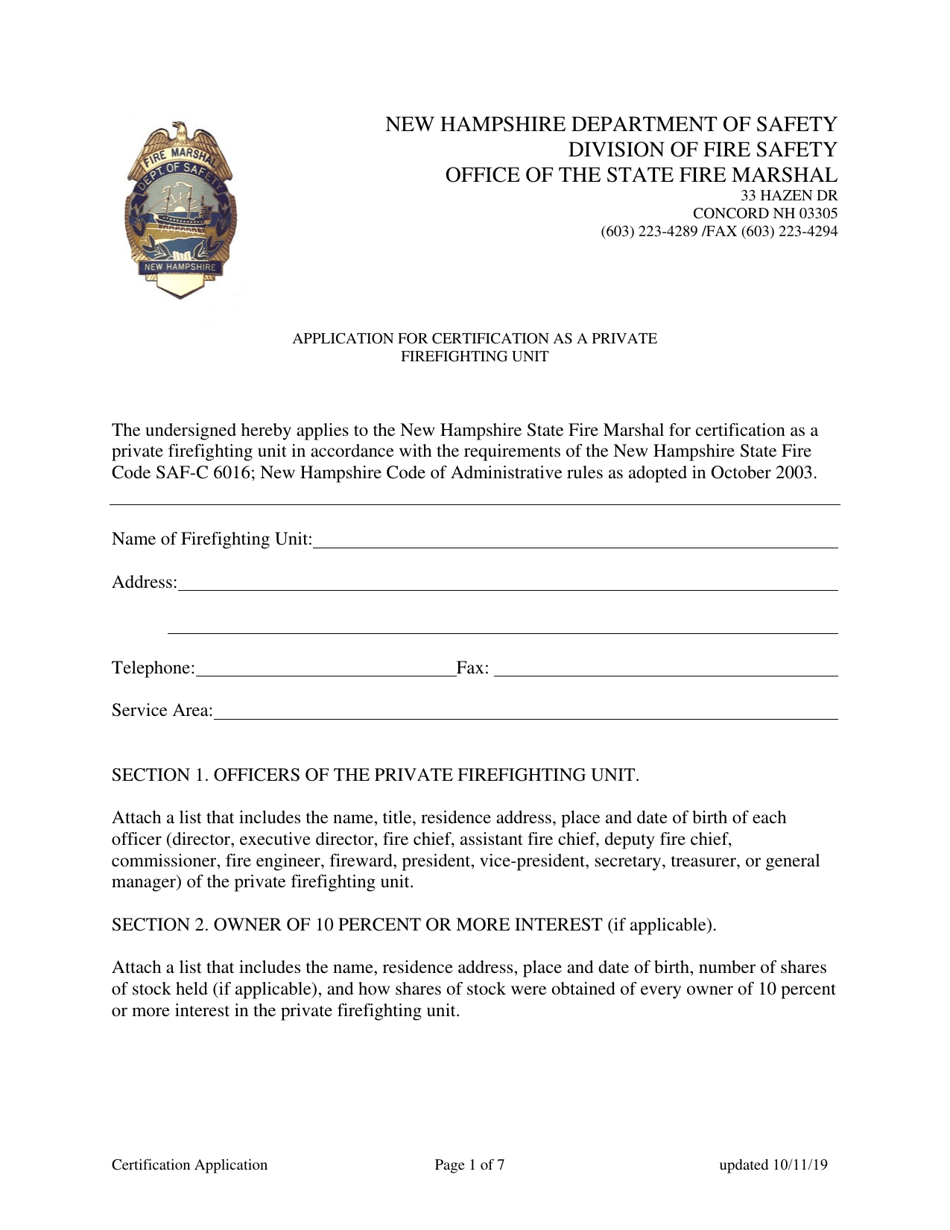 Application for Certification as a Private Firefighting Unit - New Hampshire, Page 1