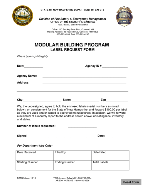 Form DSFS54 Modular Building Program Label Request Form - New Hampshire